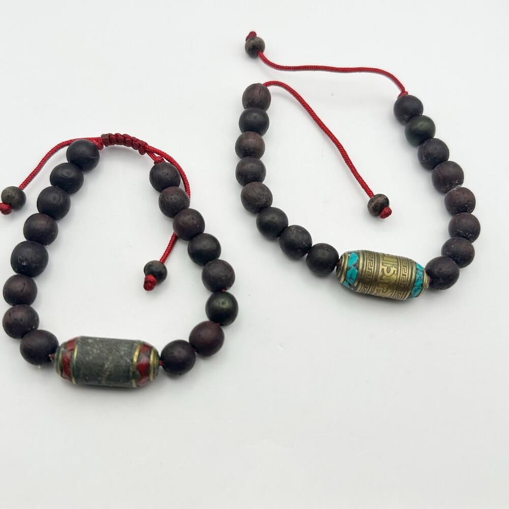 Tibetan Prayer Bead Bracelets Set of 2 Casual Boho Jewelry Brown Brass Red Blue